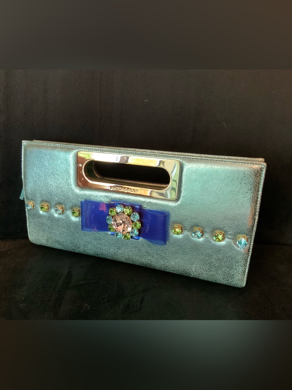 Victor & Rolf silver metallic leather clutch rhinestone crystal